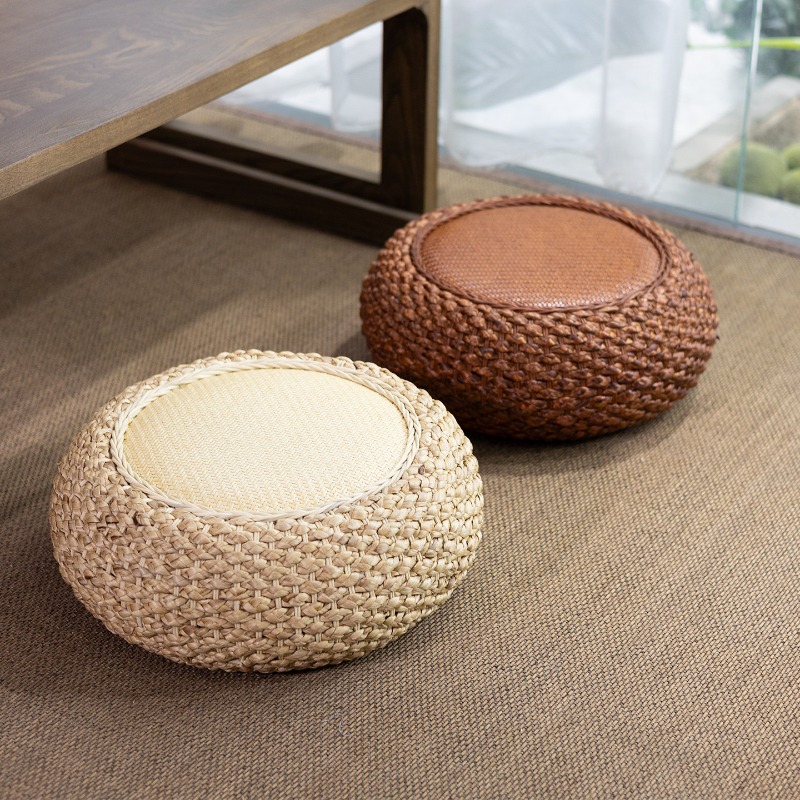 Meditation Cushion Zafu - 籐製丸型フロアクッション - 禅茶室用畳瞑想マット、ヨガザフ、通気性のある織りパッド、持ち運び可能な床座り用マット